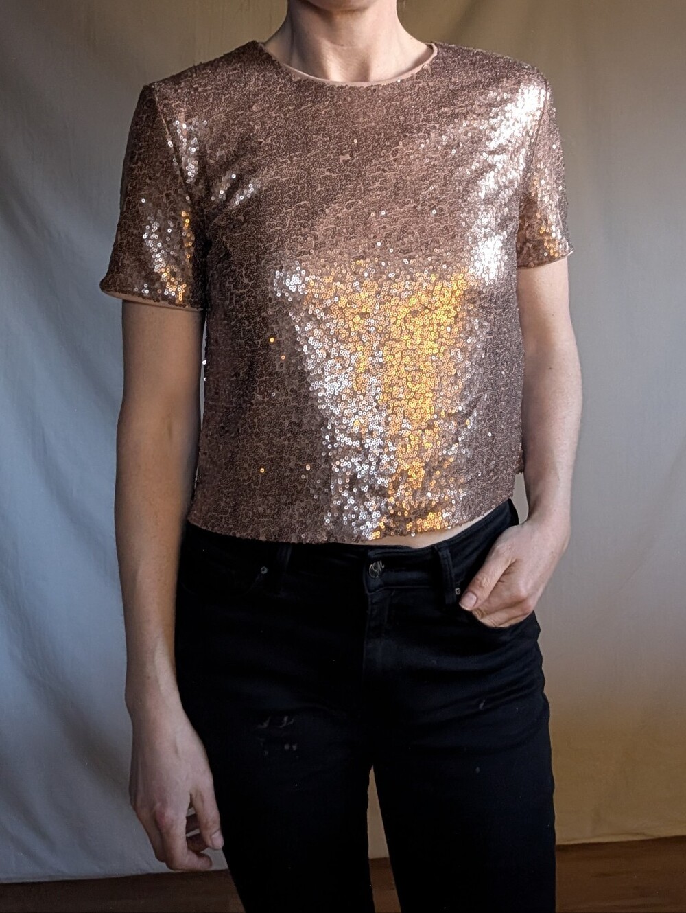 Forever 21 Sequin Crop Top in Rose Gold